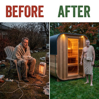 Lennon 6-Person Outdoor Cedar Traditional Wet/Dry Cube Sauna with 9Kw Electric Heater, Wi-Fi Control, LED Lights — Before & After