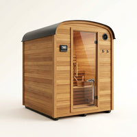 Lennon 6-Person Outdoor Cedar Traditional Wet/Dry Cube Sauna with 9Kw Electric Heater, Wi-Fi Control, LED Lights — Studio Shot