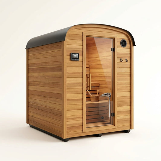 Lennon 6-Person Outdoor Cedar Traditional Wet/Dry Cube Sauna with 9Kw Electric Heater, Wi-Fi Control, LED Lights — Studio Shot