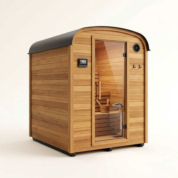 Lennon 6-Person Outdoor Cedar Traditional Wet/Dry Cube Sauna with 9Kw Electric Heater, Wi-Fi Control, LED Lights — Studio Shot